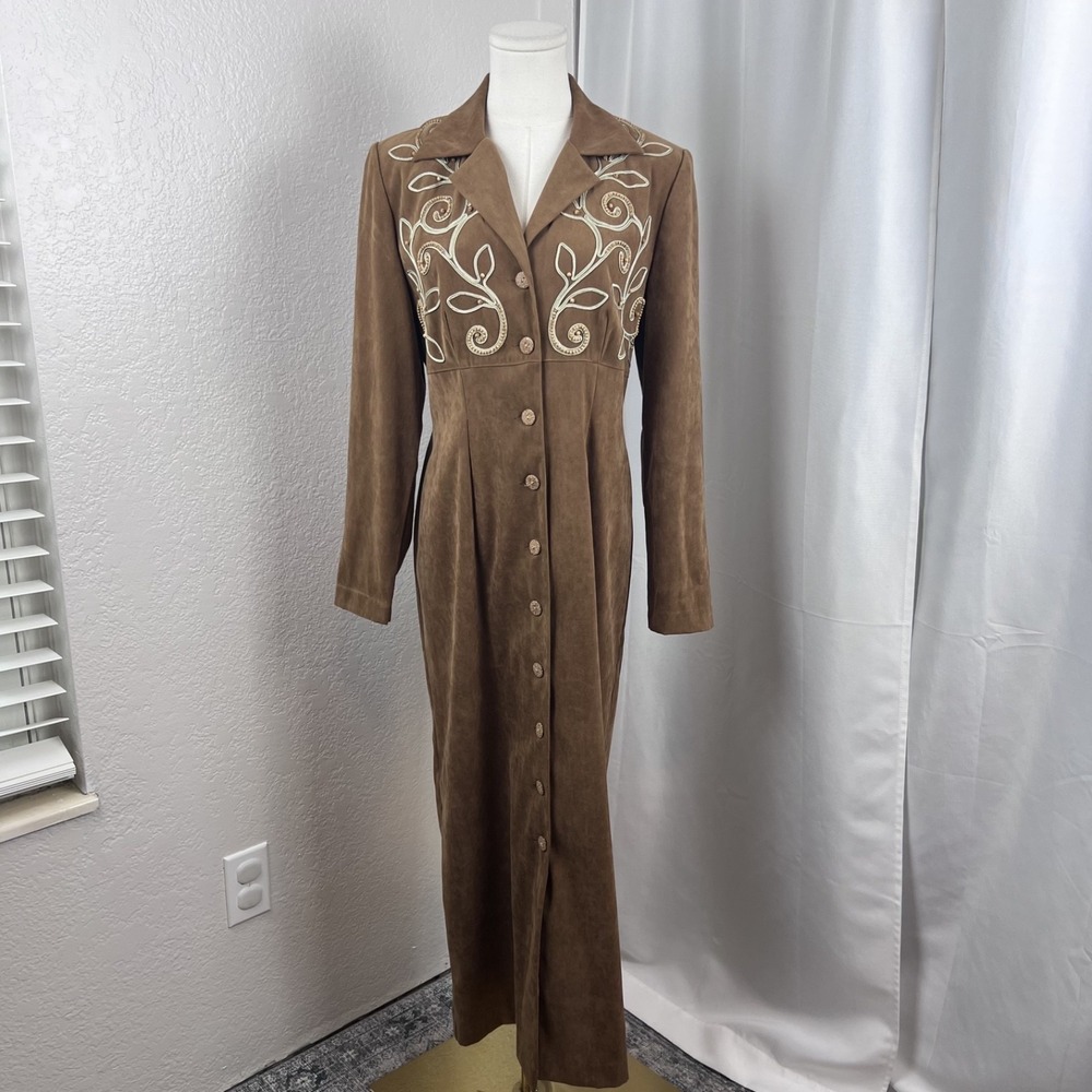 Vintage Faux Suede Midi Dress Womens 6 Beaded Western Country Cowgirl Boho Chic